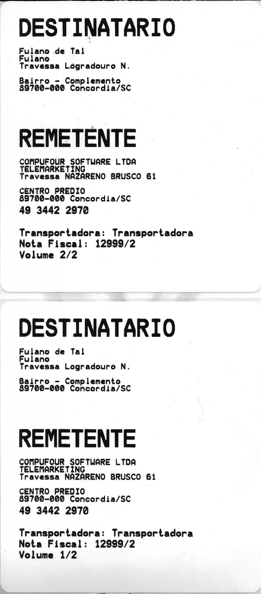 Compufour junho 2nd, 2025 Esse artigo foi desenvolvido para auxiliar na geração de Etiquetas de Endereçamento. Nesta etiqueta, serão destacados os dados do destinatário, remetente qual foi a transportadora bem como o número da nota e o número do volume. A mesma pode ser gerada em dois tamanhos: 110mm x 30mm ou 90mm x 99mm e é compatível com as impressoras de etiqueta Argox OS 214 Plus e Zebra GC420T, também é possível utilizar a Etiqueta Customizada