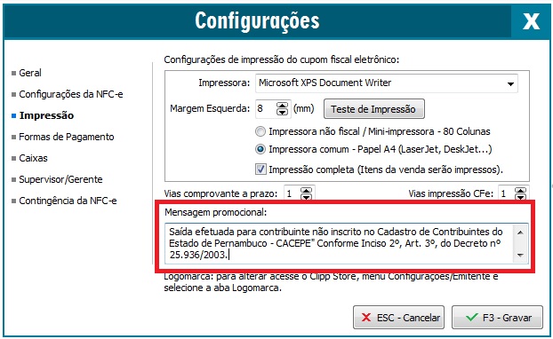 Compufour junho 10th, 2025 IMPORTANTE:  Essa alteração limita-se para alguns ramos de atividade, consulte sua contabilidade para verificar se sua empresa é obrigada a imprimir a informação.