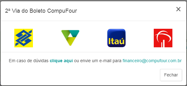 Compufour junho 1st, 2025 Caso for necessário realizar a emissão de uma segunda via do seu boleto CompuFour, será possível emitir a mesma através da nossa Área do Cliente. Para isso, acesse o nosso site clicando aqui. Em seguida, clique em Suporte na parte superior da página, ou em Área do Cliente na parte inferior da mesma.