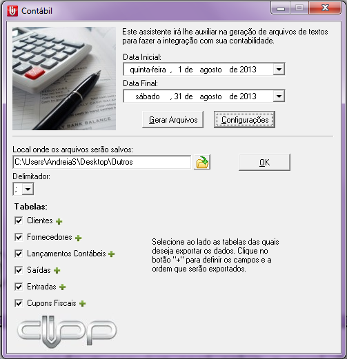 Compufour maio 31st, 2025 O programa Contábil.exe, exporta em formato texto algumas movimentações necessárias para os programas de terceiros, este pode ser utilizando quando precisar importar para o sistema da contabilidade algumas informações geradas pelo ClippStore.