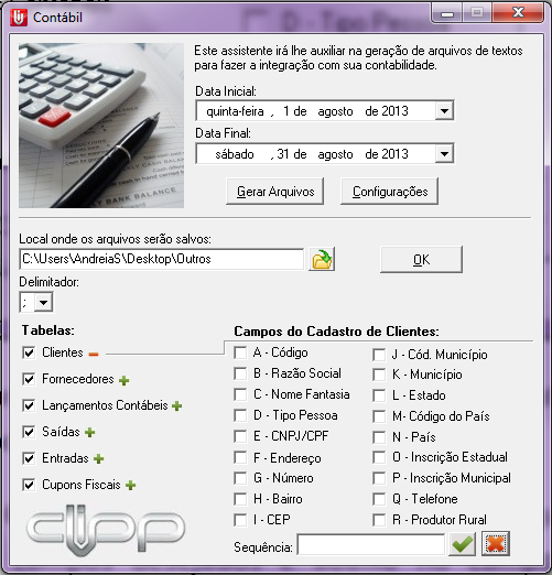 Compufour maio 31st, 2025 O programa Contábil.exe, exporta em formato texto algumas movimentações necessárias para os programas de terceiros, este pode ser utilizando quando precisar importar para o sistema da contabilidade algumas informações geradas pelo ClippStore.