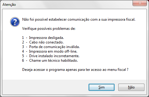Compufour maio 31st, 2025 Ao abrir o ECF e o mesmo não encontrar comunicação com a impressora, será solicitado se a mesma está conectada na porta USB, se estiver, confirme clicando em SIM e abra novamente o sistema.