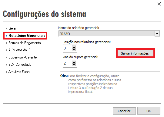 Compufour junho 1st, 2025 Antes de iniciar as vendas no Emissor de Cupom Fiscal é recomendado verificar algumas opções para o uso do sistema. Para isto, pressione F10 (Supervisão) > Configurações > Configurações do programa. 