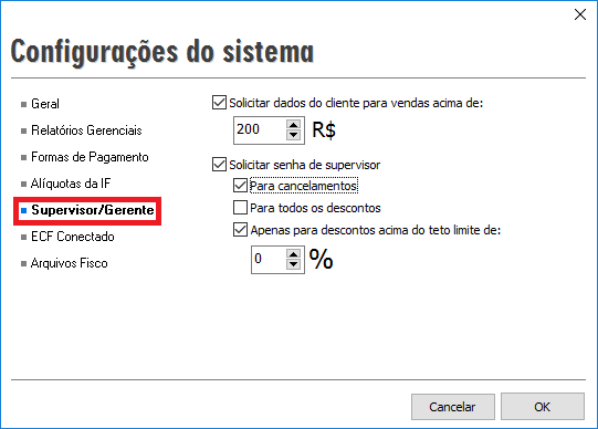 Compufour junho 1st, 2025 Antes de iniciar as vendas no Emissor de Cupom Fiscal é recomendado verificar algumas opções para o uso do sistema. Para isto, pressione F10 (Supervisão) > Configurações > Configurações do programa. 
