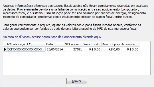 Compufour julho 17th, 2025 Ao gerar o arquivo Sintegra o sistema irá verificar se existem informações incompletas referentes a cupons emitidos no período, caso existirem a seguinte tela será apresentada na geração do arquivo. 