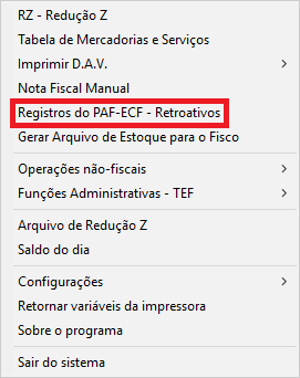 Compufour junho 1st, 2025 Para gerar o Movimento por ECF, primeiramente abra seu Emissor de Cupom Fiscal e acesse o menu F10 Supervisão > Registros do PAF-ECF - Retroativos: