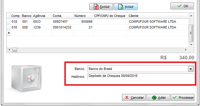 Compufour junho 2nd, 2025 O módulo Cheques Pré-datados é usado para controlar os cheques recebidos, sejam eles pré-datados ou não. Este módulo auxilia o setor de cobranças da sua empresa, fazendo o controle e emitindo relatórios dos cheques a depositar, dos cheques devolvidos, etc., tudo dentro de um período previamente estabelecido. É integrado com o controle bancário e livro caixa, de forma que as informações contidas nele são usadas no fluxo de caixa.