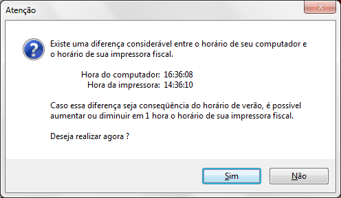 Compufour setembro 10th, 2025 A mensagem é apresentada quando o horário do computador está diferente do horário da Impressora Fiscal.
