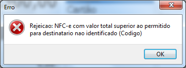 Compufour junho 8th, 2025 Rejeição: NFC-e com valor total superior ao permitido para destinatário não identificado Sintomas
<p>
Ao tentar emitir uma NFC-e com um valor total superior ou igual a R$ 1000,00 e não informado os dados do cliente poderá ocorrer a mensagem:</p>
<p>
 </p>
Causa
<p>
Com o novo decreto 46.087 de 2018 (https://www.sefaz.pe.gov.br/Legislacao) é necessário informar os dados do cliente para vendas acima ou igual a R$ 1000,00 quando emitida uma NFC-e. </p>
Solução
  Primeiramente será necessário cadastrar o cliente no módulo de Clientes dentro do Clipp Store;
Preencha todos os campos obrigatórios do cadastro do cliente (Nome, CPF e Dados de Endereço);
Abra o Emissor de NFC-e e pressione o F7 para listar as vendas emitidas;
Clique com o botão direito do mouse sobre a venda que tentou transmitir e vá até a opção Alterar NFCe não transmitida;
Pressione F3 para finalizar a venda novamente e na tela apresentada informe o Nome ou o CPF do cliente: Pressione novamente F3 ou clique em OK para prosseguir;
Informe o meio de pagamento e finalize a venda em questão.  