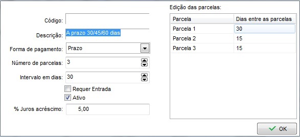 Compufour junho 2nd, 2025 O Clipp Store possui um recurso que permite efetuar o cadastro de formas de parcelamento conforme a necessidade da empresa. No cadastro de parcelamentos são definidas as condições de pagamento das vendas a prazo ou à vista bem como o intervalo de dias entre cada parcela.