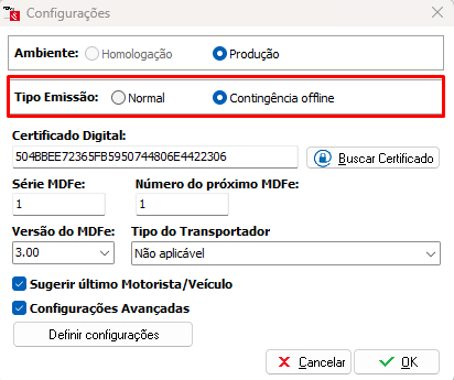 Compufour junho 3rd, 2025 Emissão do MDF-e em Contingência (offline), para ativar a contingência acesse o caminho abaixo: