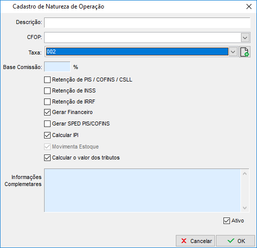 Compufour junho 6th, 2025 Para efetuar o lançamento de Notas com a Base de Cálculo de ICMS reduzida, primeiramente deve efetuar o Cadastro da Taxa que será vinculada ao CFOP da Nota: