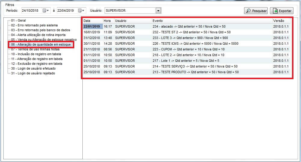Compufour junho 9th, 2025 Os eventos de auditoria tem como finalidade demonstrar de forma clara cada alteração que o sistema sofreu por parte dos usuários; essa seção é acessada exclusivamente pelo Supervisor para poder ter um controle do que os demais usuários manipularam no sistema, irá apresentar em que horário ocorreu a alteração/situação, podendo ser filtrada por um intervalo de datas e exportada facilmente para HTML.