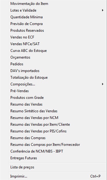 Compufour junho 1st, 2025 O sistema Clipp Store permite a geração de diversos relatórios. Em cada módulo do sistema teremos o menu Relatórios onde será possível visualizar os relatórios disponíveis respectivos ao módulo selecionado: 